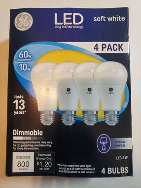 GE LED Soft White A19 4-Pack Bulbs Dimmable